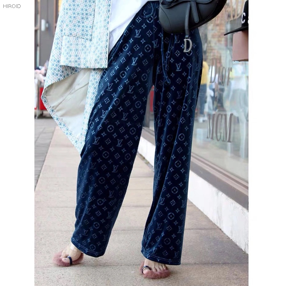 LVP401 Fashion Letters Gold Velvet Wide Leg Trousers Casual High Waist Trousers