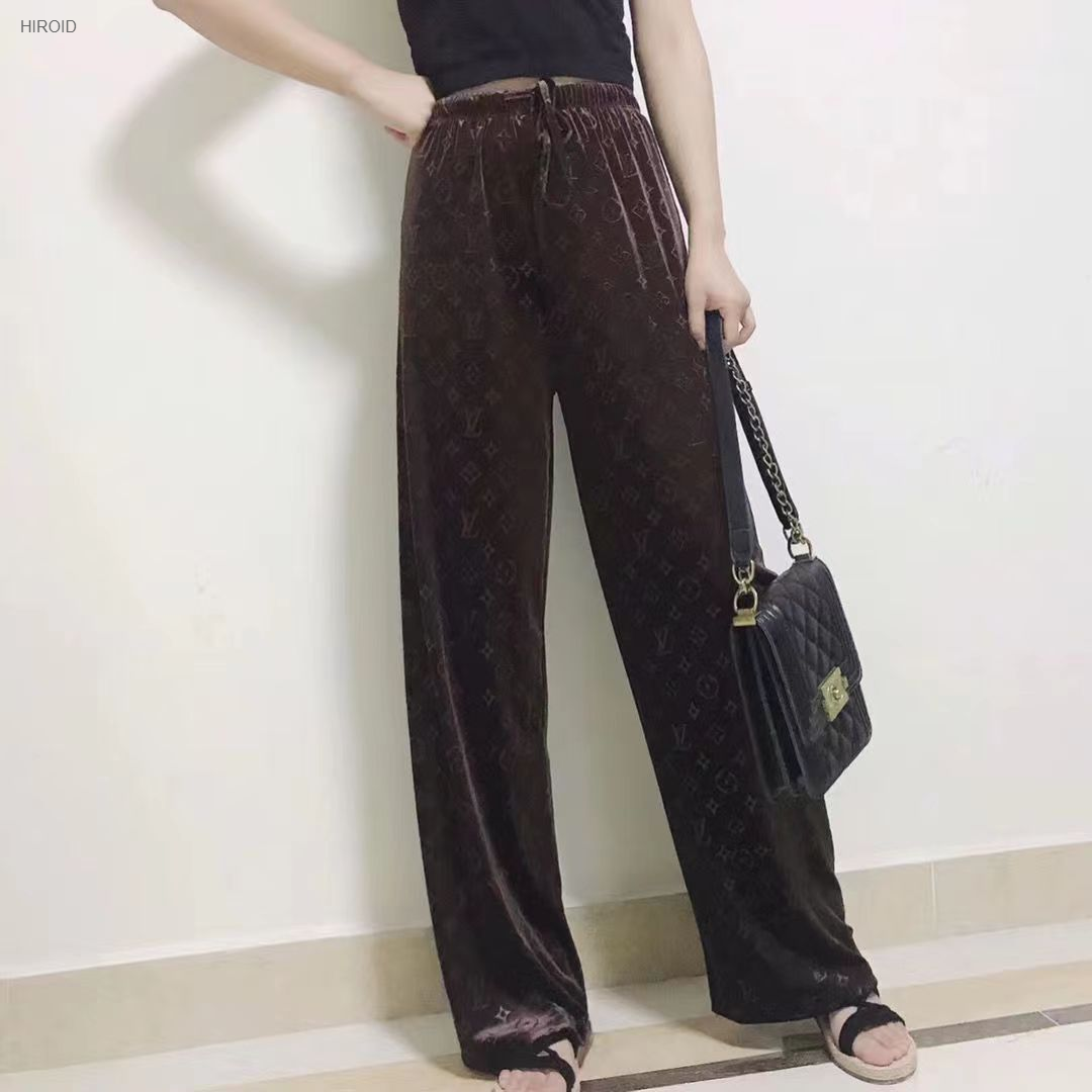 LVP401 Fashion Letters Gold Velvet Wide Leg Trousers Casual High Waist Trousers