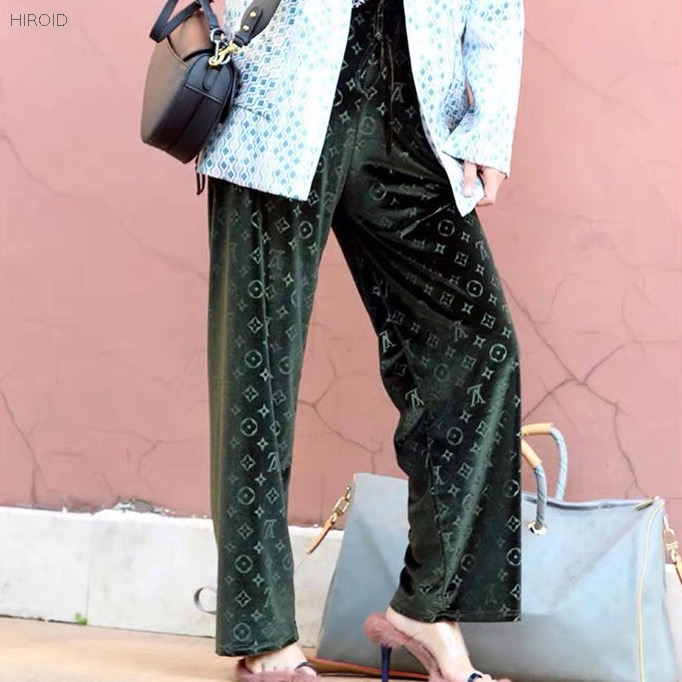 LVP401 Fashion Letters Gold Velvet Wide Leg Trousers Casual High Waist Trousers
