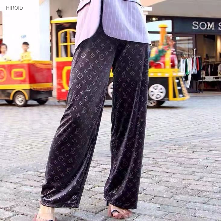 LVP401 Fashion Letters Gold Velvet Wide Leg Trousers Casual High Waist Trousers