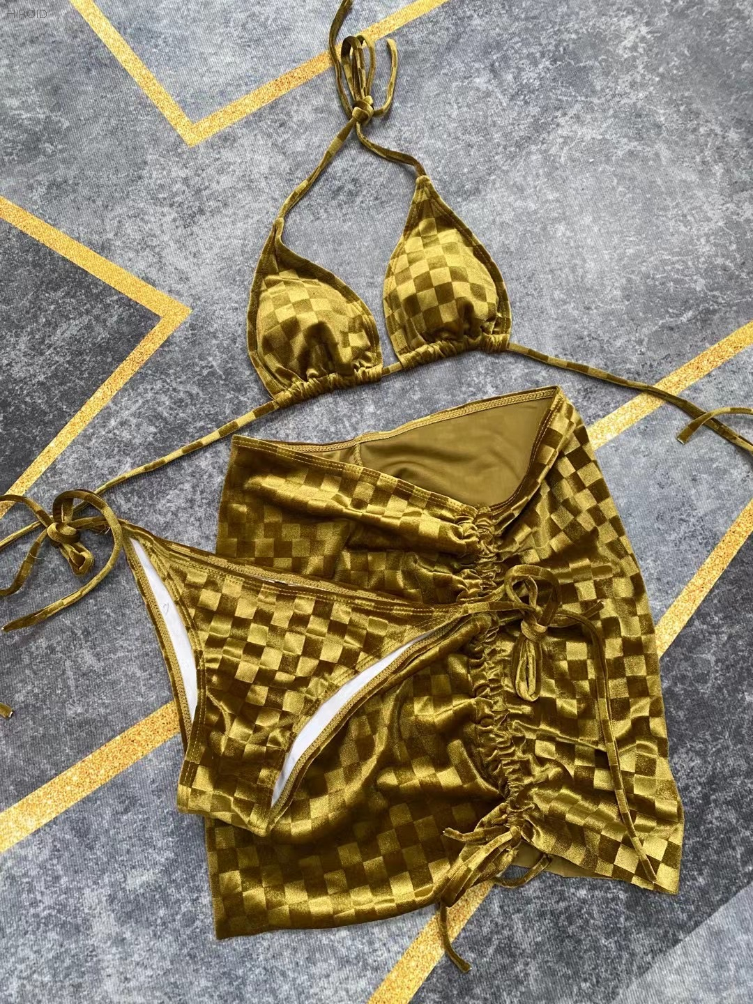 PH01 Green Velvet bikini three piece swimsuit women 2021 