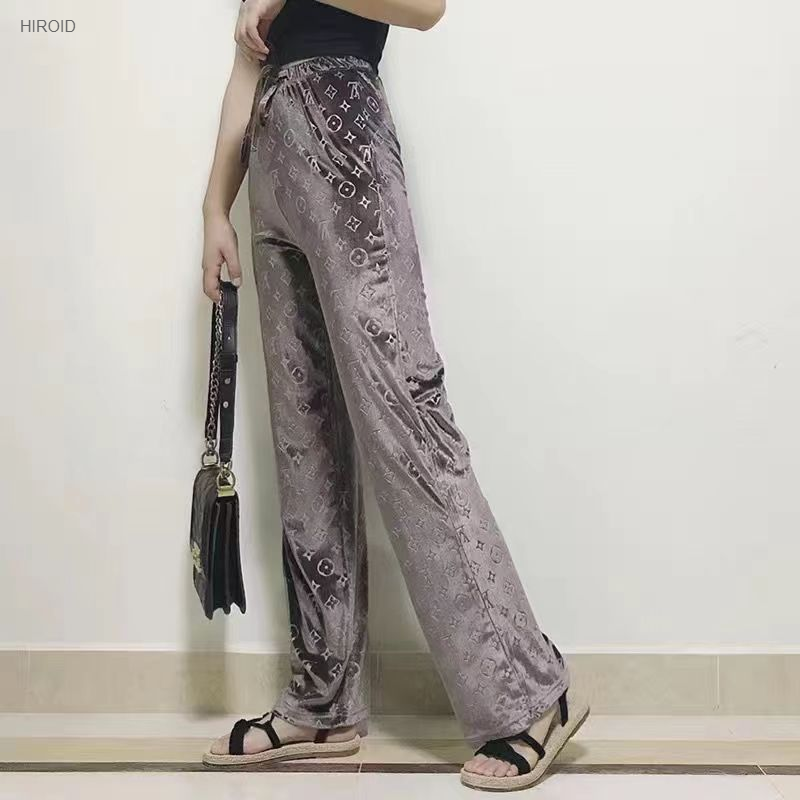 LVP401 Fashion Letters Gold Velvet Wide Leg Trousers Casual High Waist Trousers