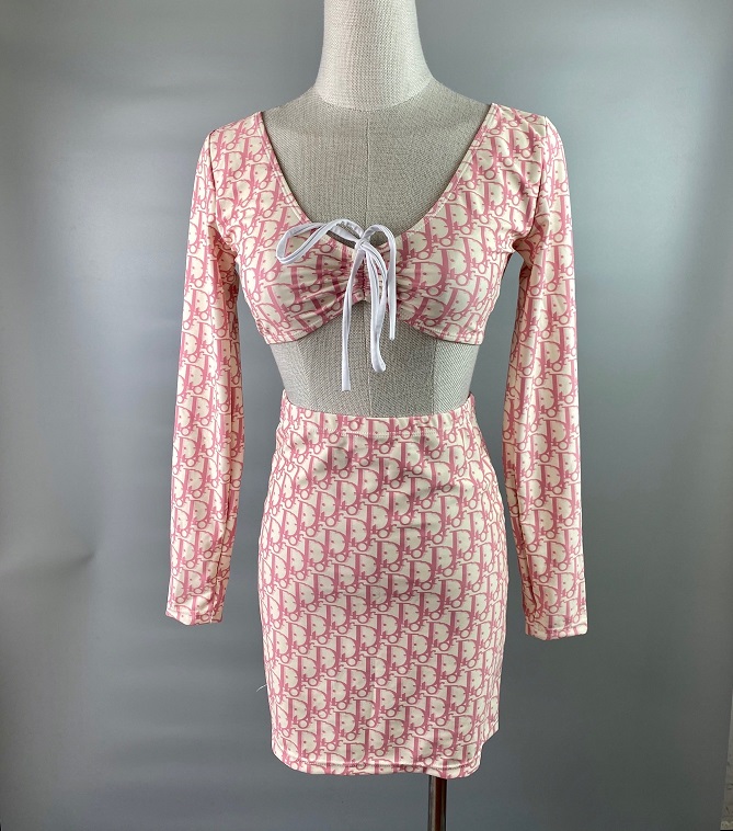 DR33 pink Dior Monogram suit set top with skirt women dresses